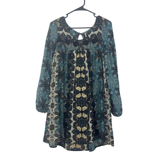 Free People Women SZ XS Boho Long Sleeve Printed Tunic Dress In Blue & Cream - Picture 2 of 14